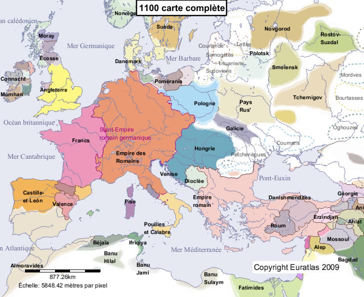 Carte complète de l'Europe en l'an 1100